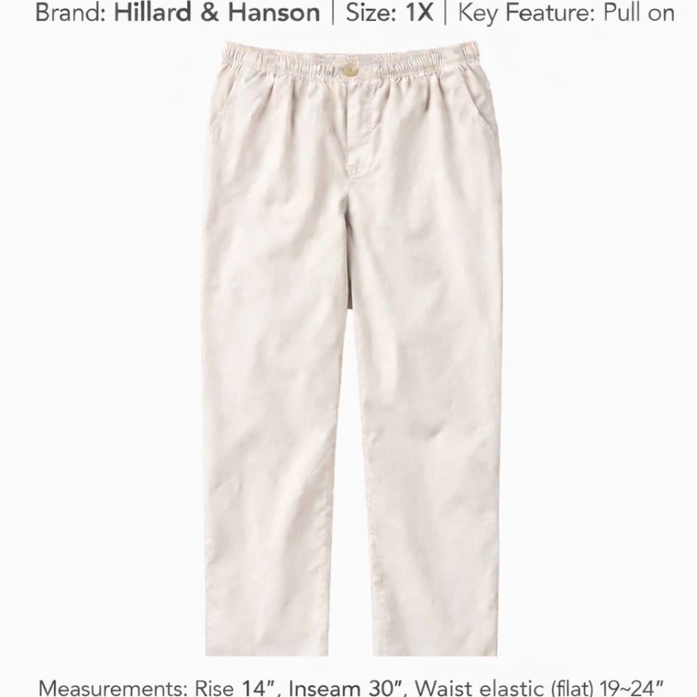 Hillard & Hanson Cream Pull-On Pants 1X | Elastic Waist | Straight Leg
